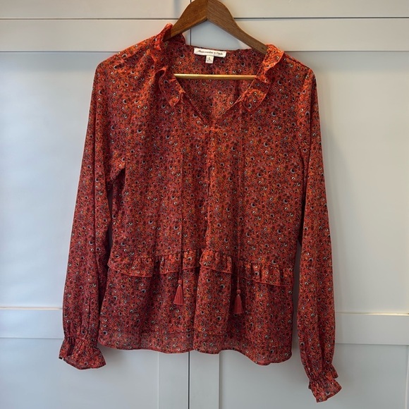 next Tops - Abercrombie & Fitch Orange Floral Patterned Blouse with Ruffle Long Sleeve Large